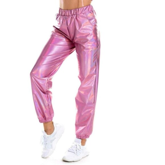 Pink Metallic Shiny Jogger Sweat Pants XL Womens - Picture 1 of 10